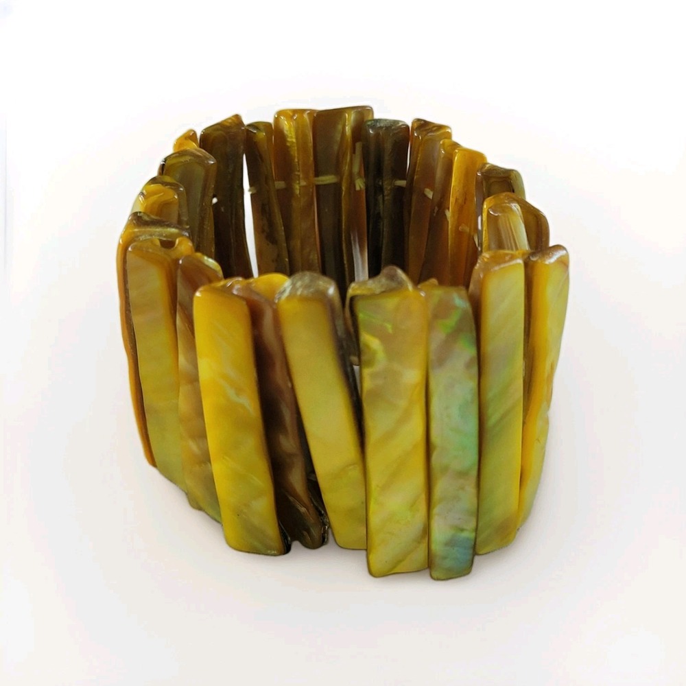 Vintage Golden Mother of Pearl Shell Stick Stretch Bracelet Wide Cuff Boho Beach
